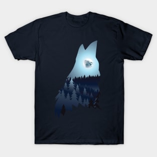 Wolf Howling with Forest blue moon T-Shirt